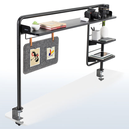 Clamp-on Desktop Shelving System for organizing office workspaces.