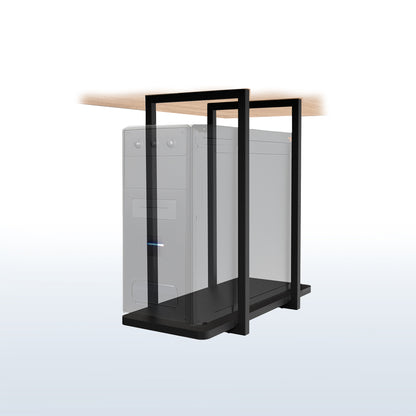 Computer case with transparent side panel and black frame on a white background