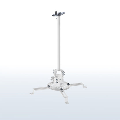 A white ceiling mount with scissor clamp designed to support projectors, featuring an adjustable length arm and a circular base.