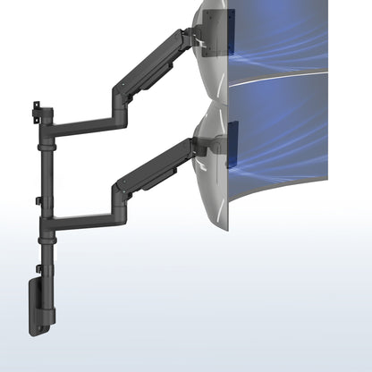 A black pneumatic arm dual ultrawide monitor wall mount holding two monitors side by side against a white background.