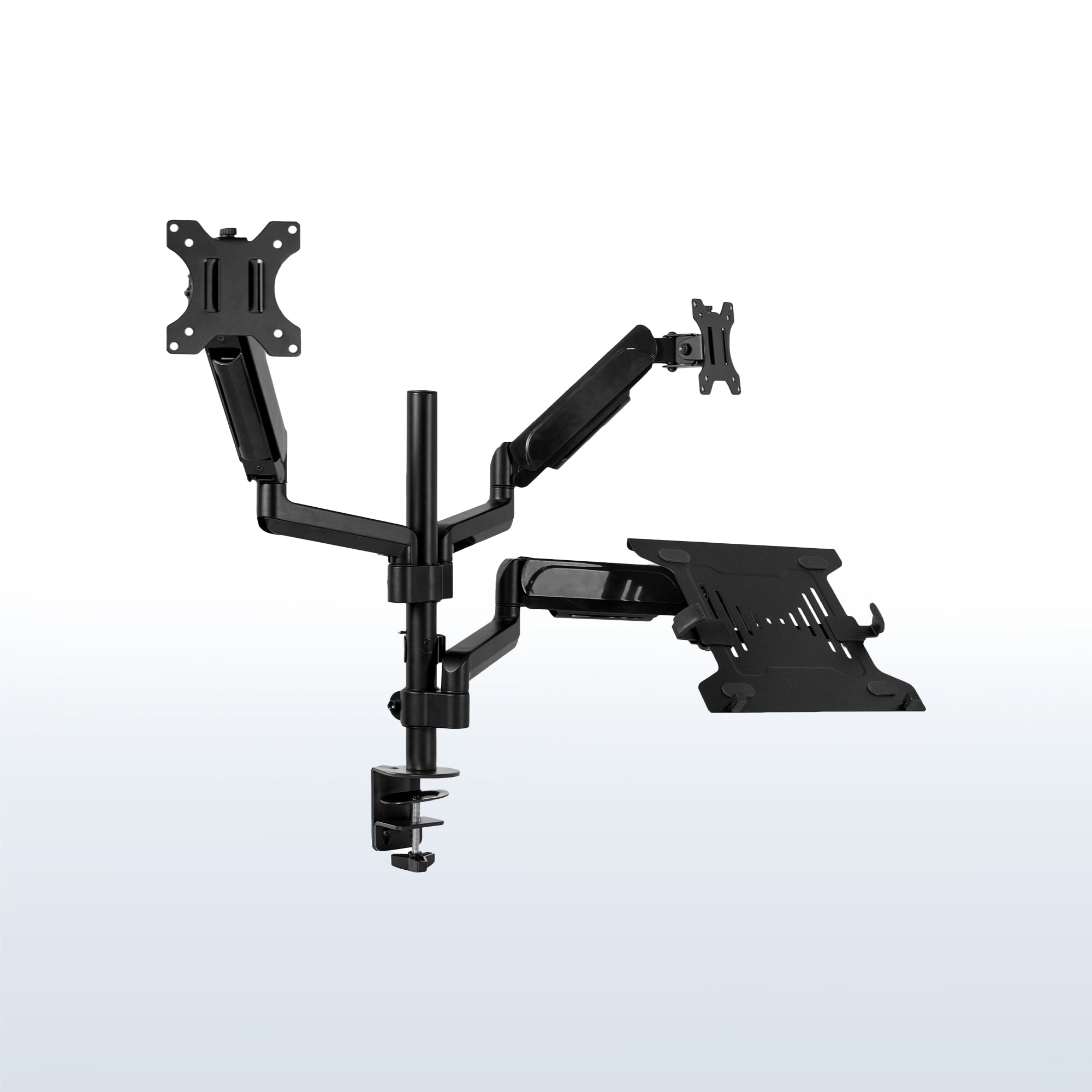 Pneumatic arm dual monitor and laptop desk mount that elevates your screens to a comfortable viewing height.