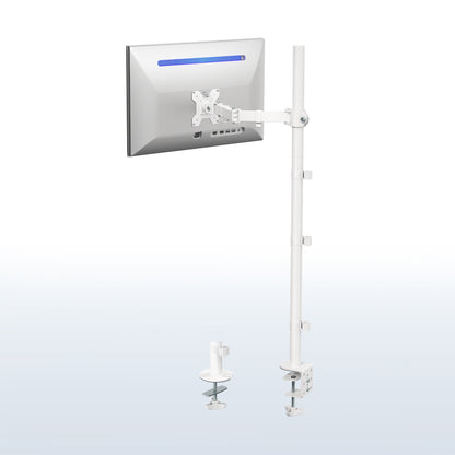 White extra tall desk mount for single monitor provides sit or stand application for the user, flexible viewing angles, and tall screen placement.