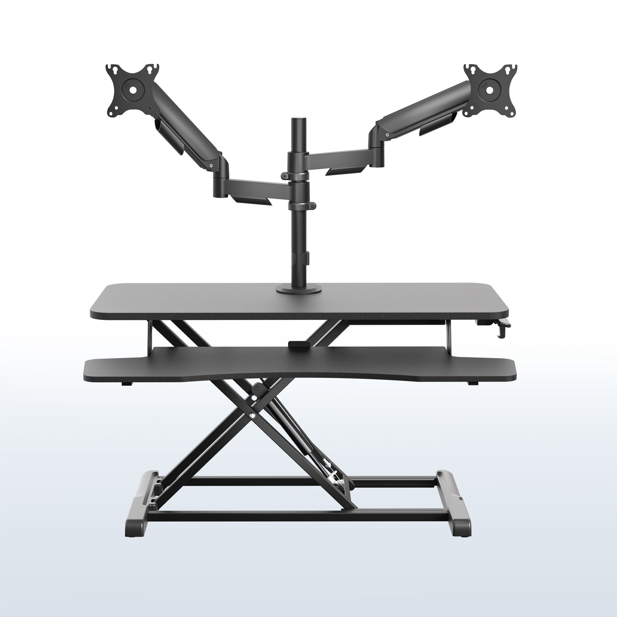 36 inch height adjustable desk riser with articulating mechanical dual monitor mount