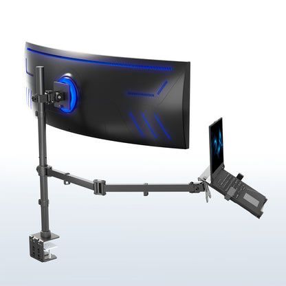 Monitor and laptop on a adjustable mount with a white background