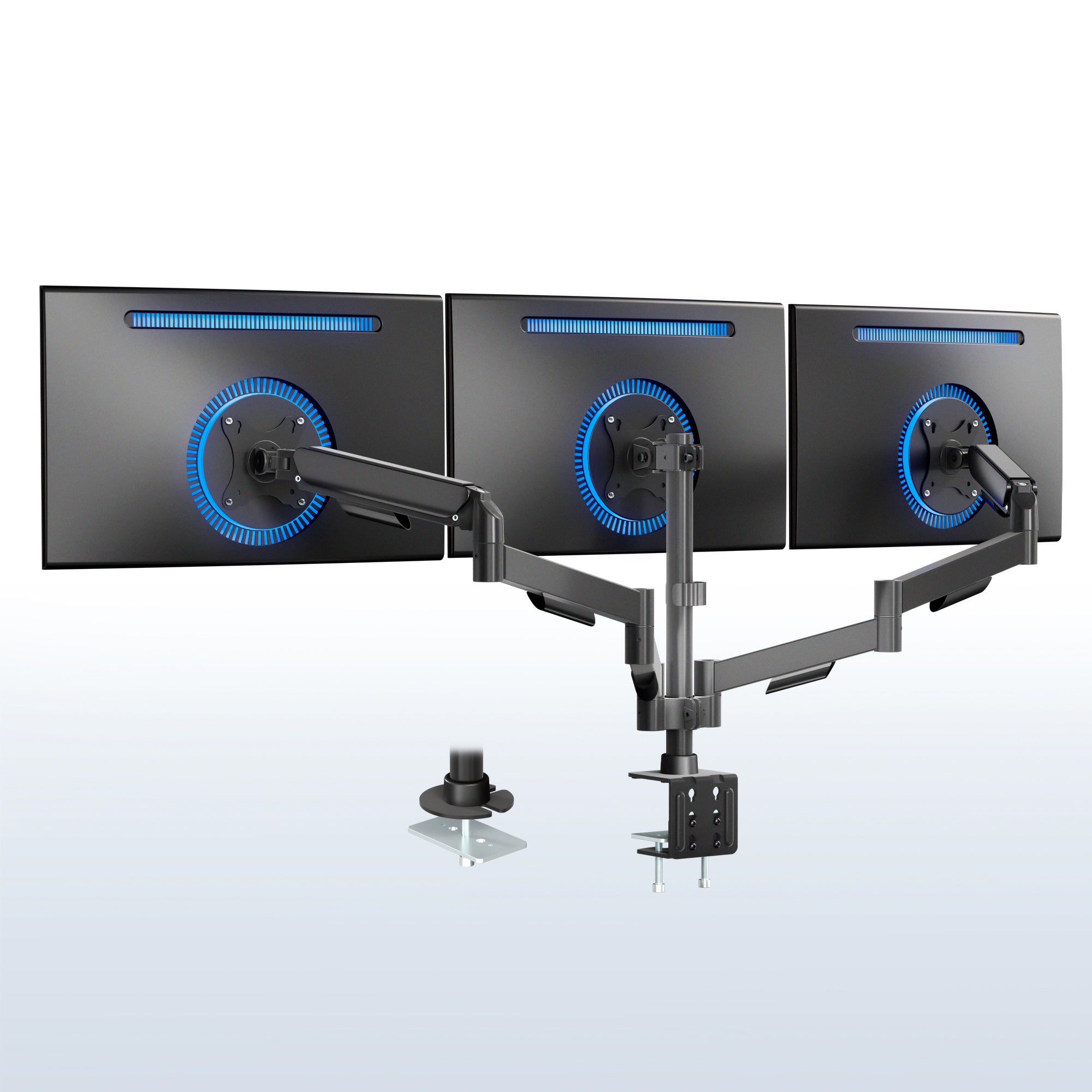 Triple monitor stand with three screens on a white background