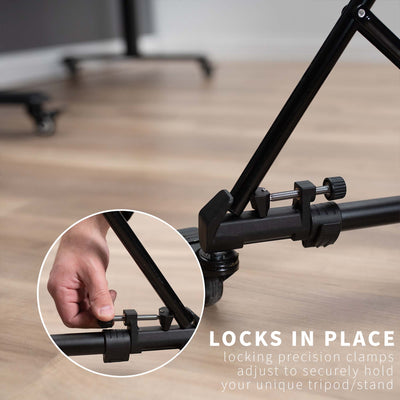 Sturdy adjustable mobile tripod for easy movement during photo shoot or video shoot with clamp locks.