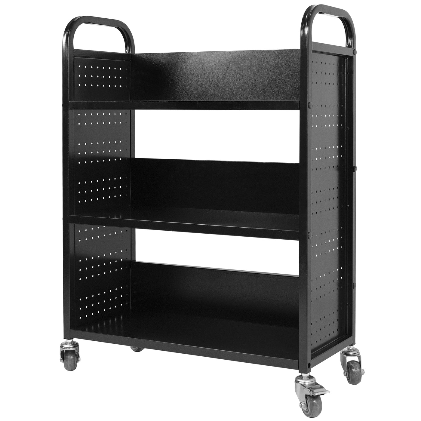 Heavy-duty 3 shelf book cart with wheels for library, school, bookstore.