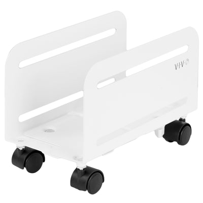 Sturdy mobile CPU cart with adjustable width and locking wheels.