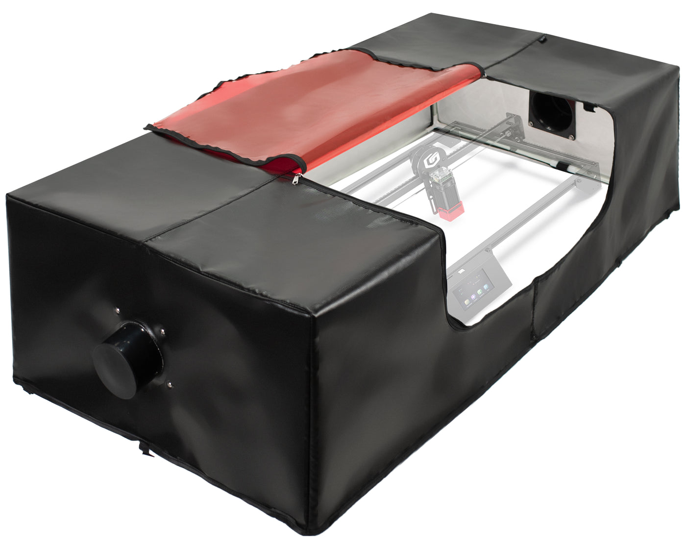 Protective cover designed for extra large engravers and diode laser extension kits that accommodates a variety of engraving projects.