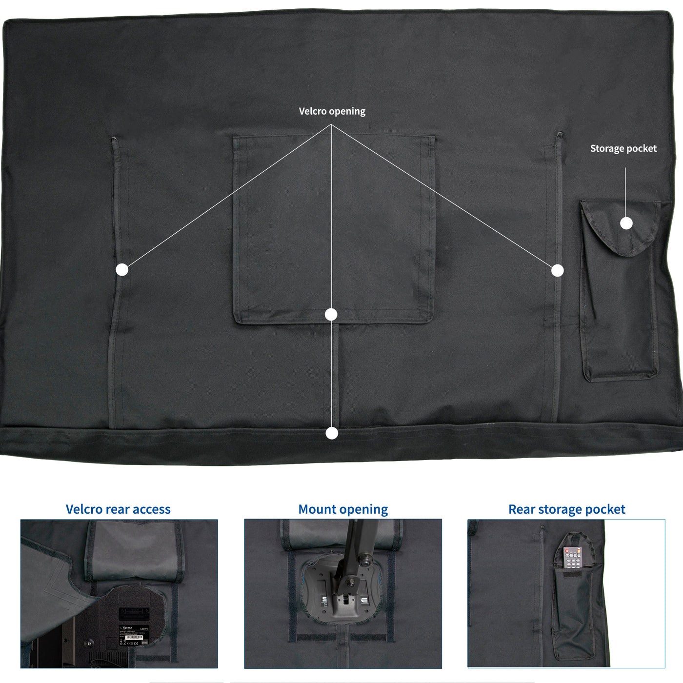 Protective flat screen TV cover with extra storage.