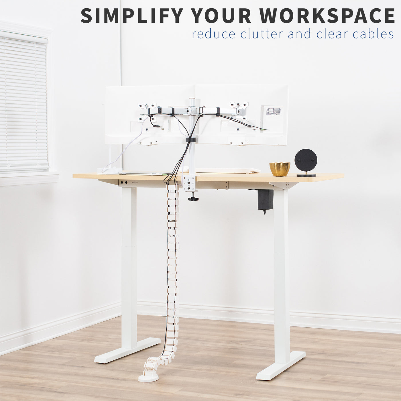 Tidy up your workspace with a cable management strip from VIVO. 