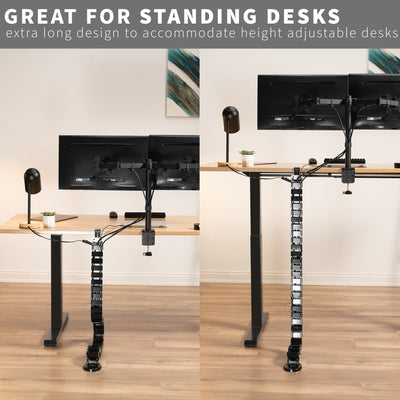 Clamp-on vertebrae cable management for desk with long design compatible with height adjustable desks.