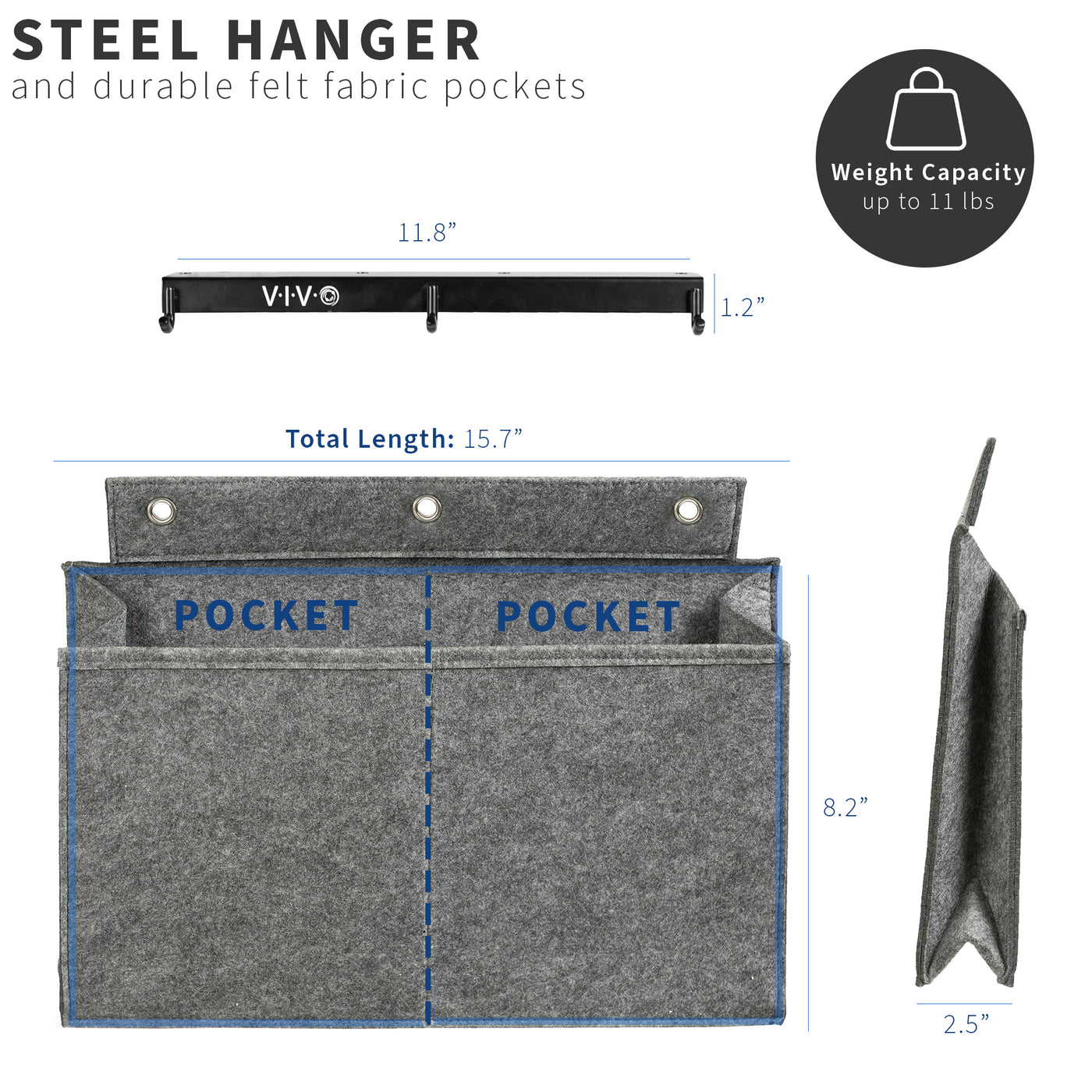 Durable dual pocket divider and sturdy steel hanger to support desk items. 