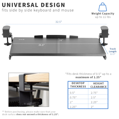 Dimensions of clamp on under-desk keyboard and mouse tray.