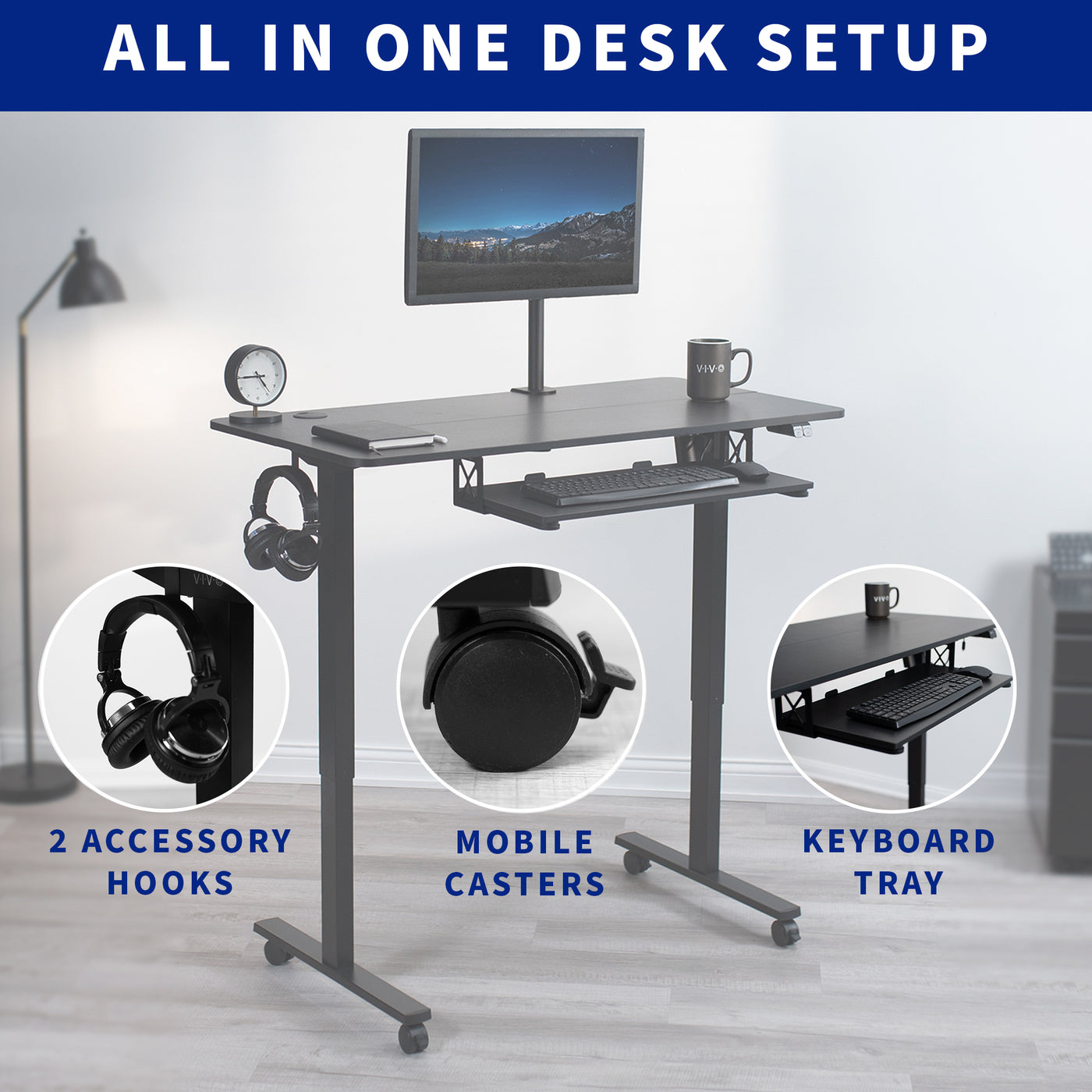 Desk includes two accessory hooks, mobile caster wheels, and a keyboard tray.
