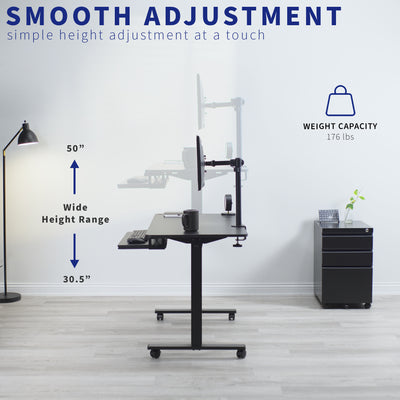 Smooth sit-to-stand height adjustment at the touch of a button. 