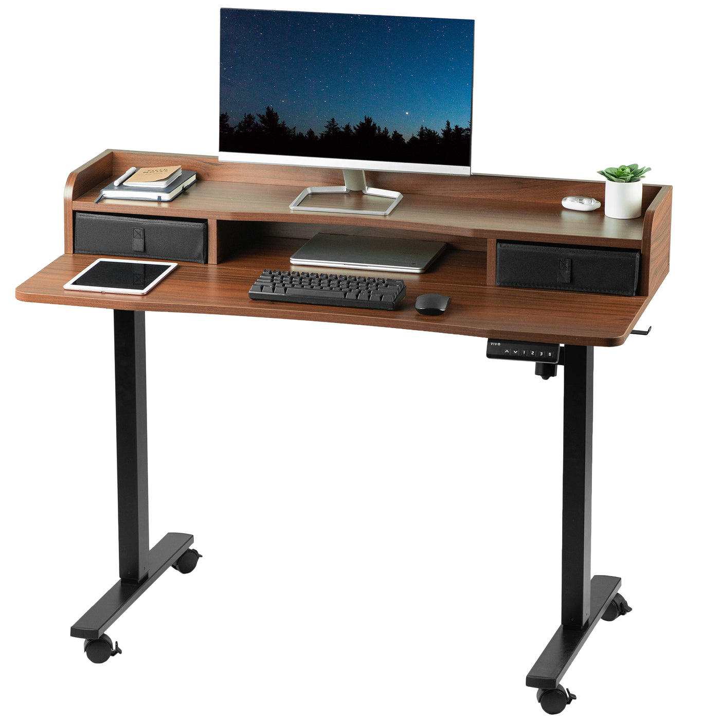 Ergonomic dual-tier height adjustable electric desk with built-in storage and drawers.