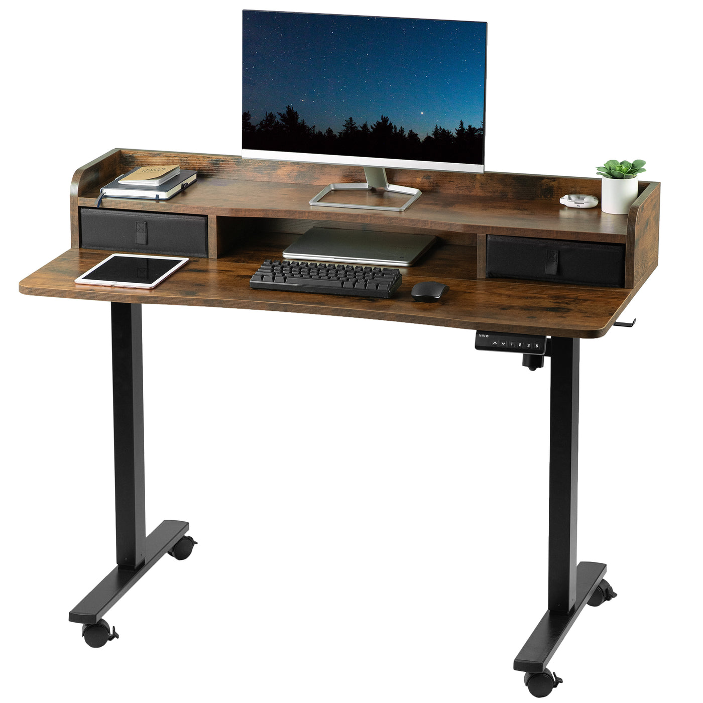 Rustic dual tier height adjustable mobile electric desk with storage drawers.