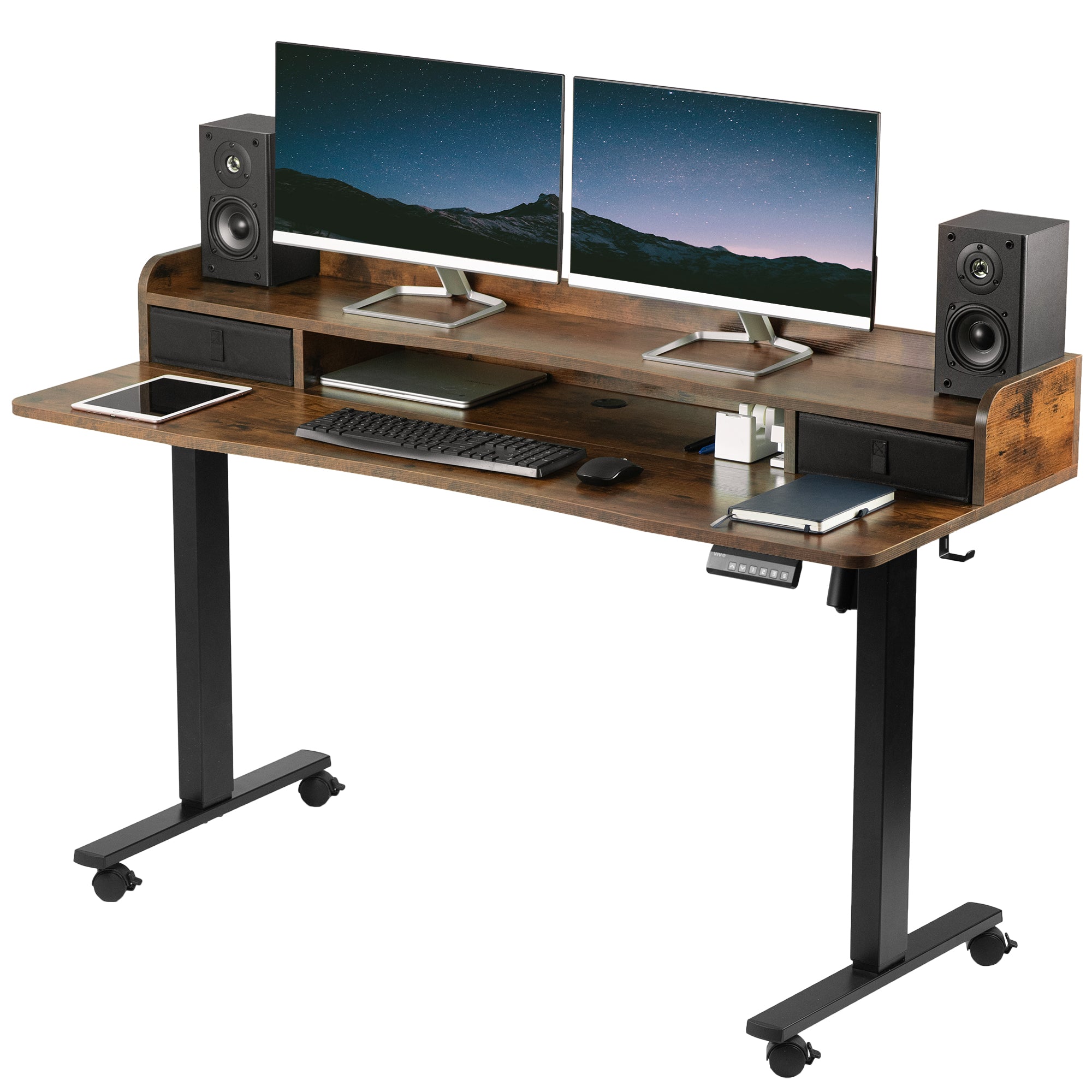 Rustic dual tier height adjustable mobile electric desk with storage drawers.