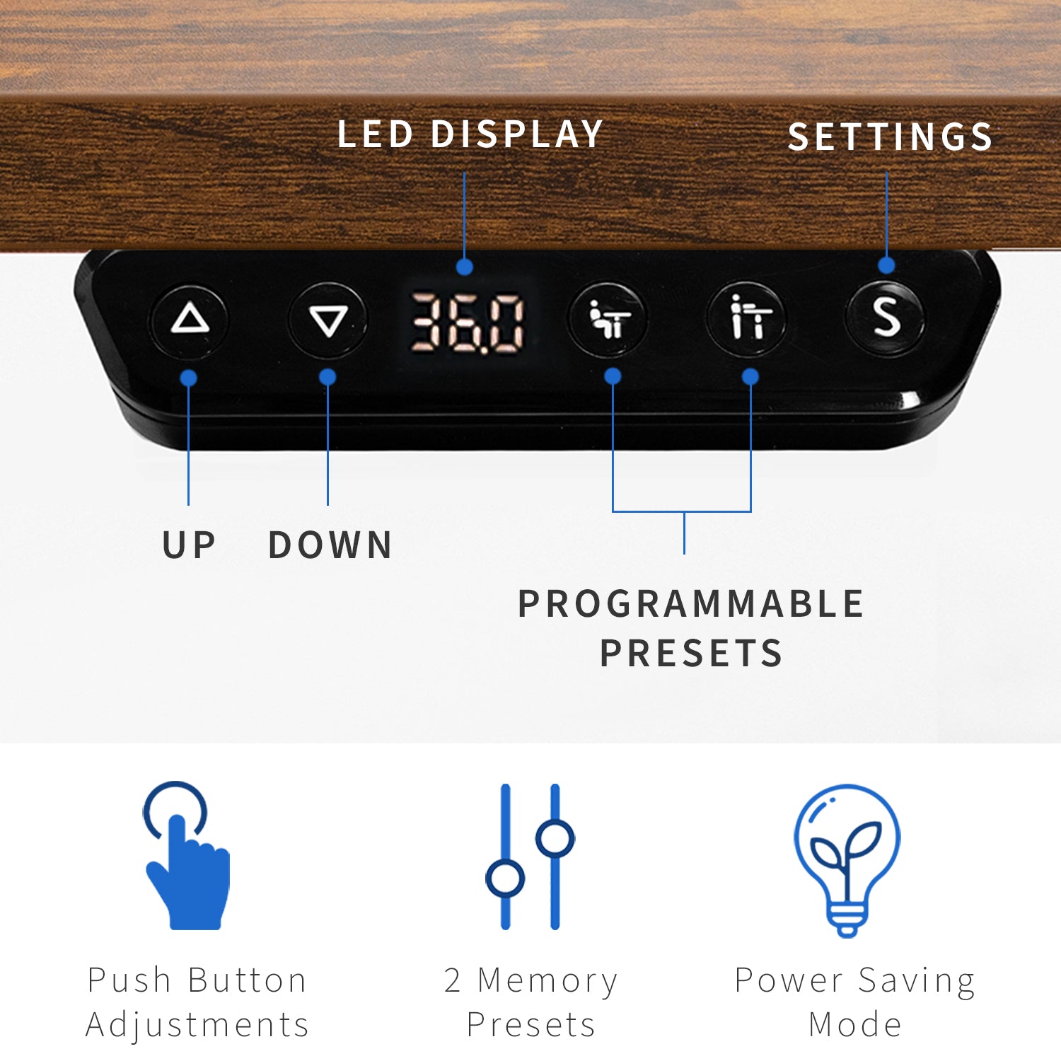 Sturdy rustic electric sit or stand desk workstation with adjustable height using LED display smart control panel with memory preset settings.