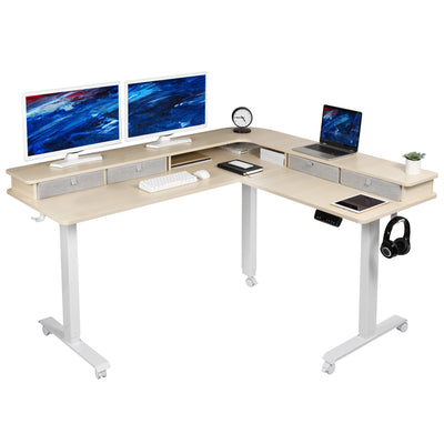 White version of dual-tier height adjustable electric corner desk with built-in shelving.