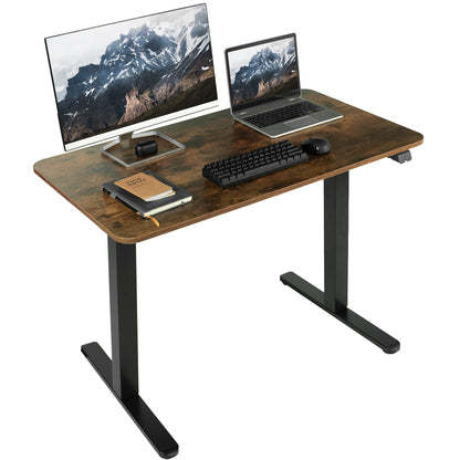 Heavy-duty rustic electric height adjustable desktop workstation for active sit or stand efficient workspace.