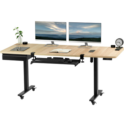 Large light wood black frame electric desk with black under-desk drawer and sliding keyboard tray.