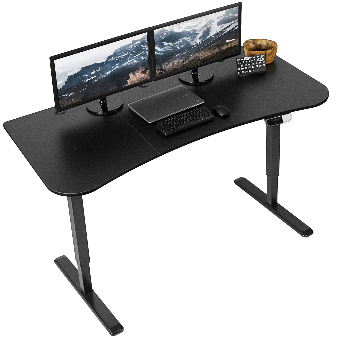 Large spacious sit-to-stand office desk with touchscreen controller panel.