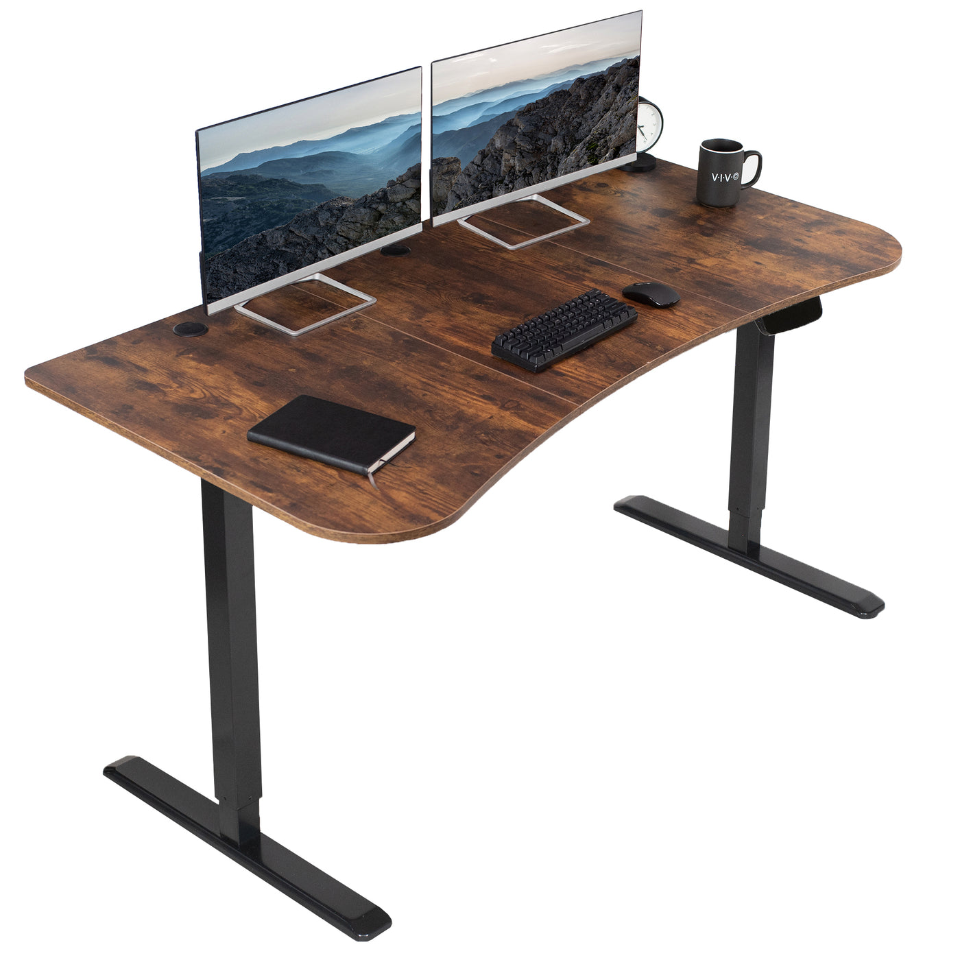 Rustic ergonomic sit or stand active workstation with adjustable height using touch screen control panel.