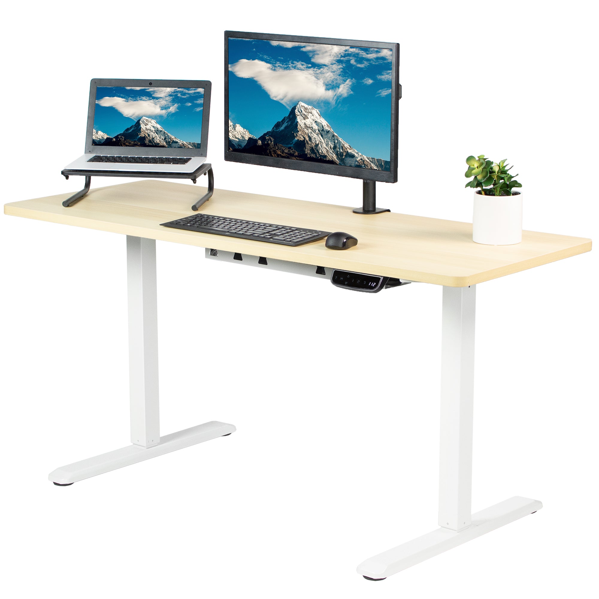 Heavy-duty electric height adjustable desktop workstation for active sit or stand efficient workspace.