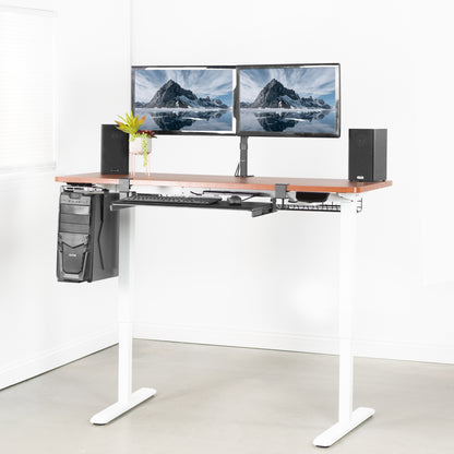 Heavy-duty electric height adjustable desktop workstation for active sit or stand efficient workspace.