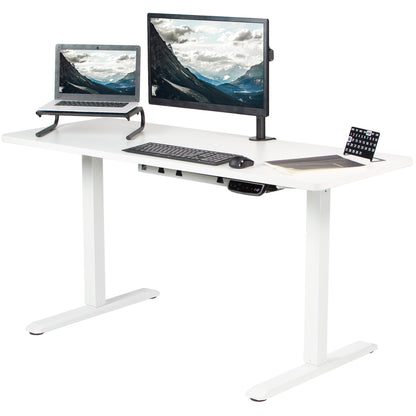 Heavy-duty electric height adjustable desktop workstation for active sit or stand efficient workspace.