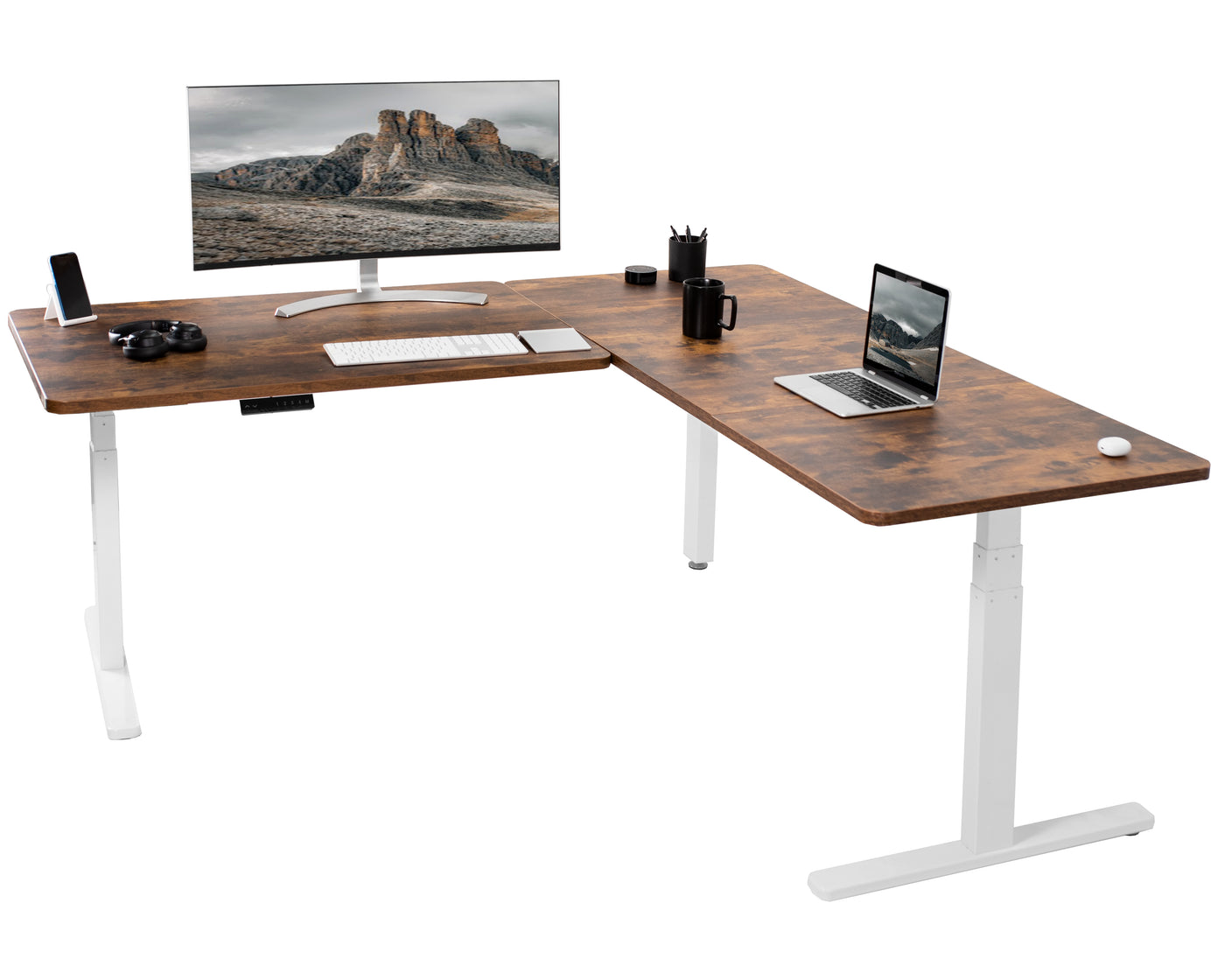 Enjoy a spacious workstation that accommodates an active work life with the Rustic Corner 77" x 71" Electric Desk