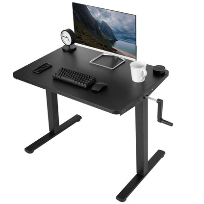 Manual hand crank height adjustable desk for active sit to stand workstation.