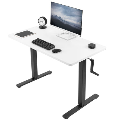 Manual hand crank height adjustable desk for active sit to stand workstation.