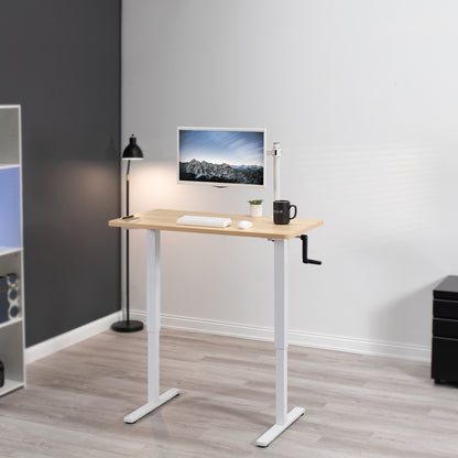 Manual hand crank height adjustable desk for active sit to stand workstation.