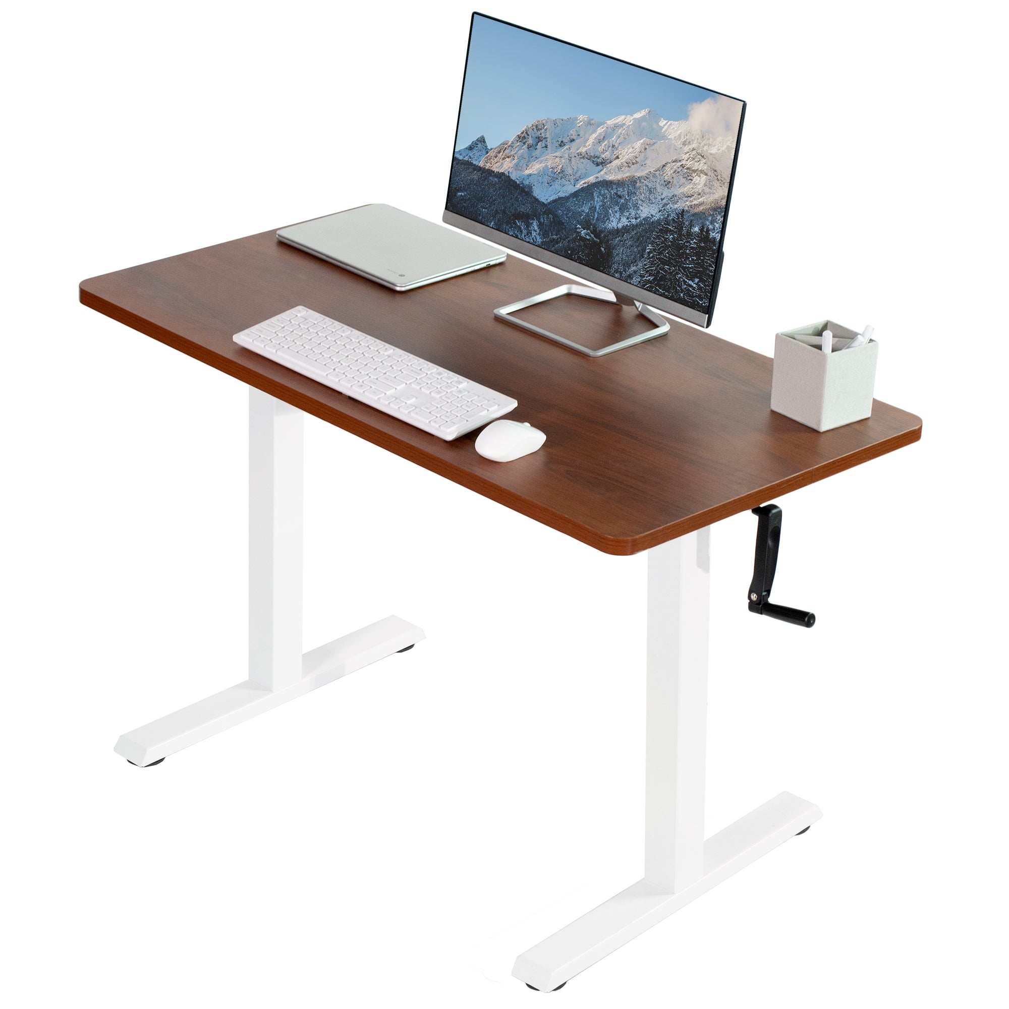 Manual hand crank height adjustable desk for active sit to stand workstation.