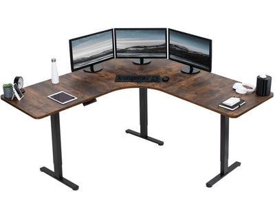 Large, rustic, heavy-duty electric height adjustable corner desk workstation with programmable memory controller.