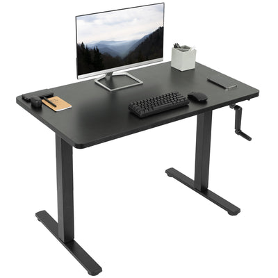 Black Manual height adjustable desk with side crank handle.