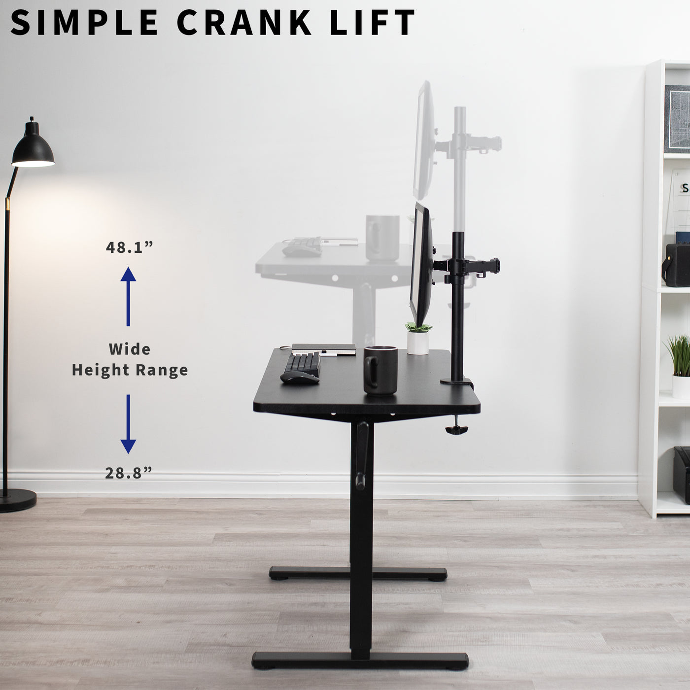 Simple and easy-to-use crank lift featured on the side of the desk.