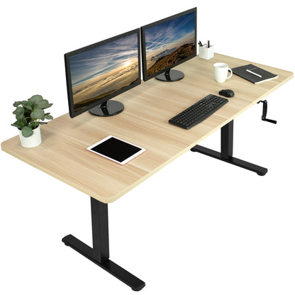 Wide surface sturdy sit or stand active workstation with adjustable height using manual hand crank.