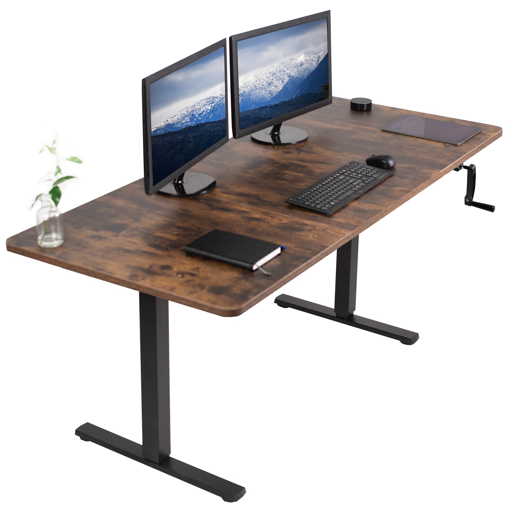 Rustic wide surface sturdy sit or stand active workstation with adjustable height using manual hand crank.