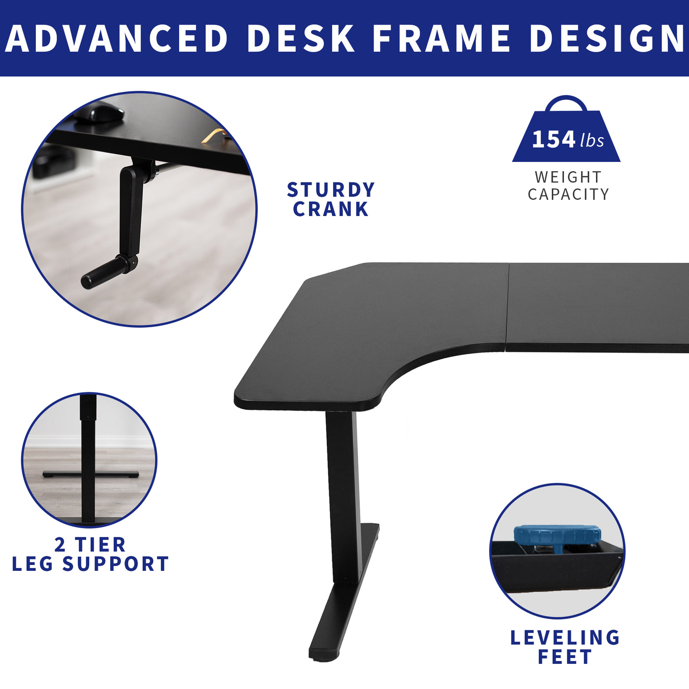 Black 58" x 35" Corner Manual Height Adjustable Desk (DESK-KIT-MBRB