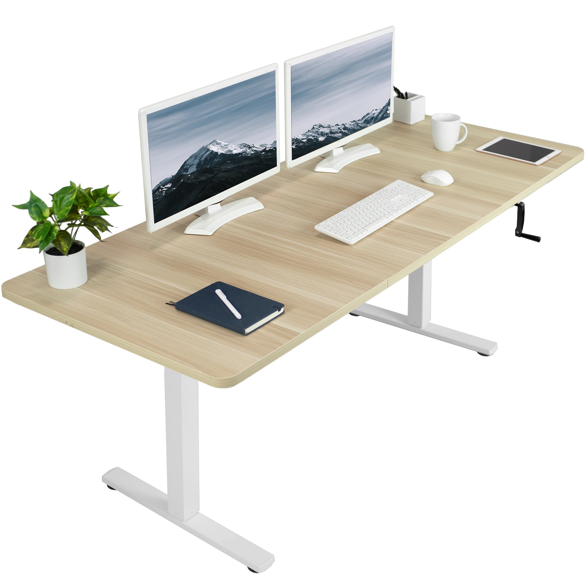 Wide surface sturdy sit or stand active workstation with adjustable height using manual hand crank.