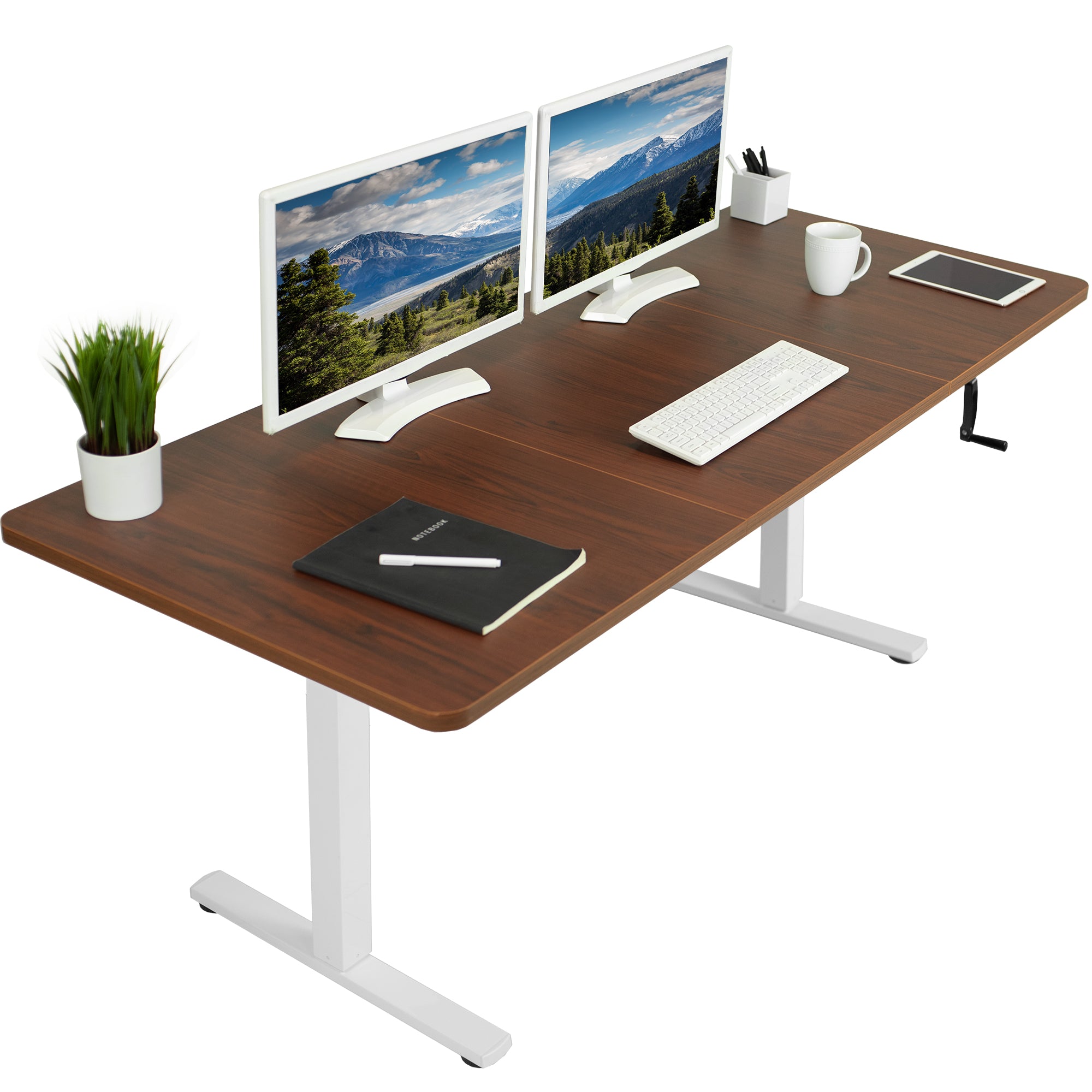 Wide surface sturdy sit or stand active workstation with adjustable height using manual hand crank.