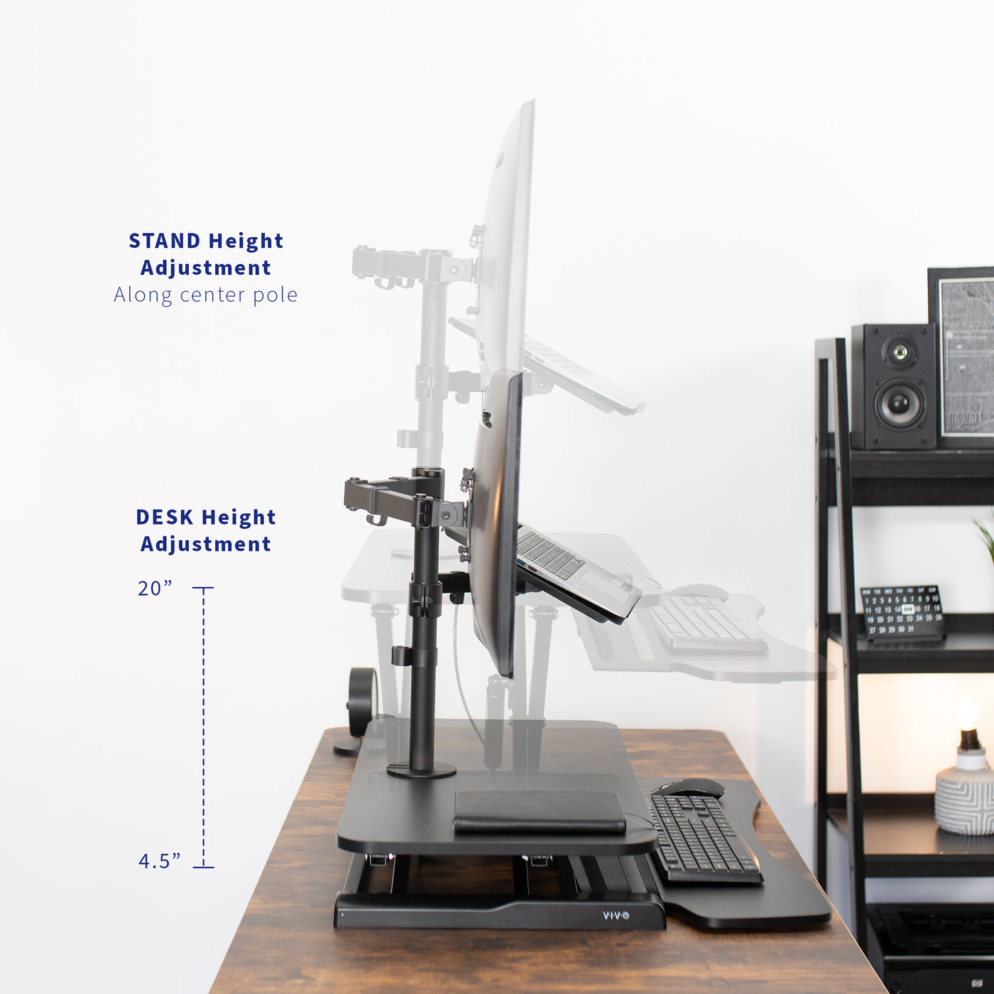 Height adjustment is also offered along the monitor mount pole as well as the desk riser height adjustments.