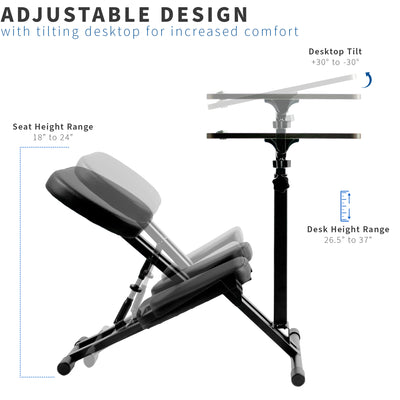 Comfortable kneeling chair desk with seat height adjust and desk height adjust.