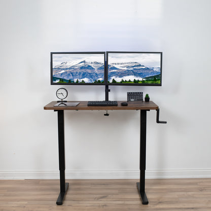 Black sturdy steel desk frame with manual side crank adjustment. 