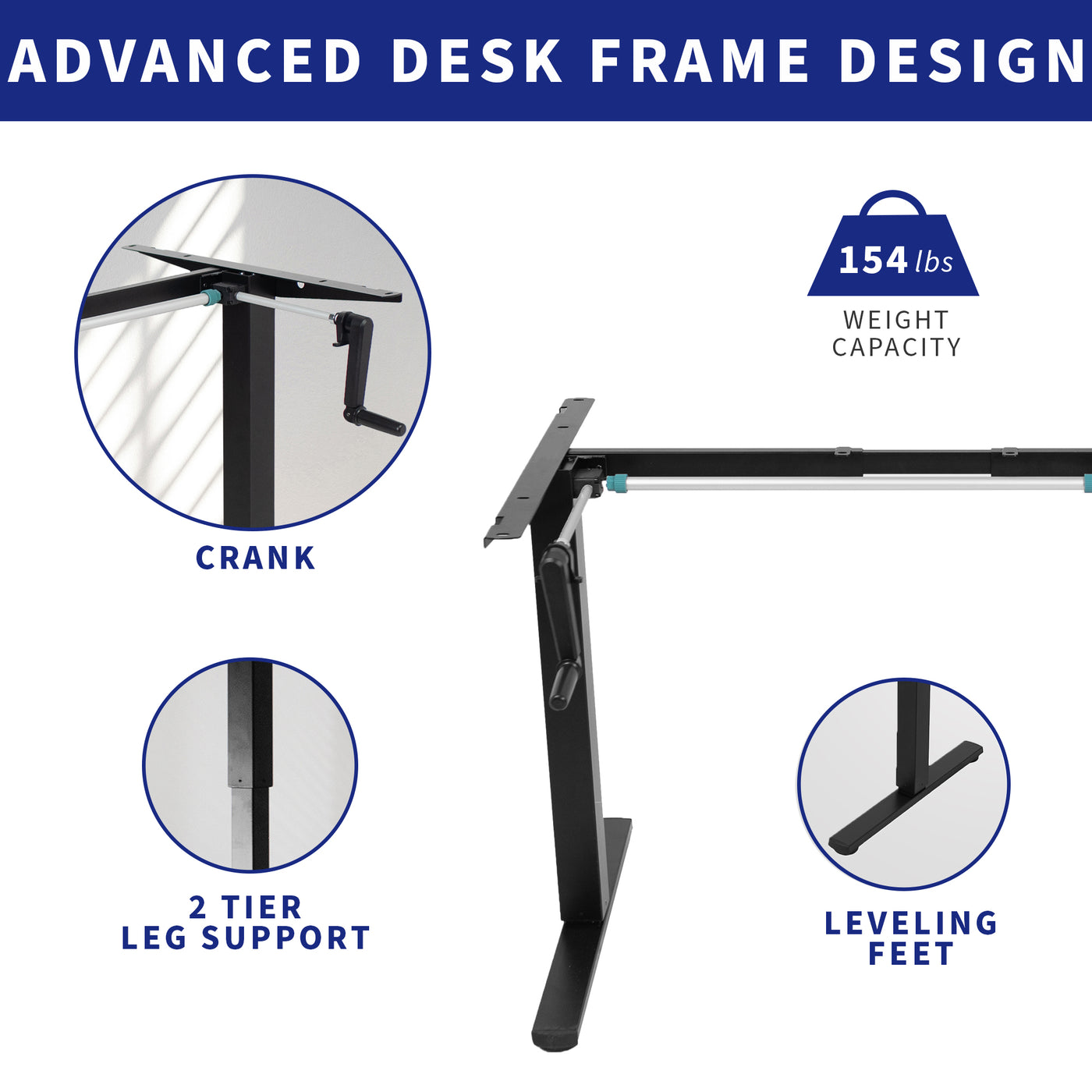 Advanced desk frame design with height adjustable crank, two-tier leg support, and leveling feet.