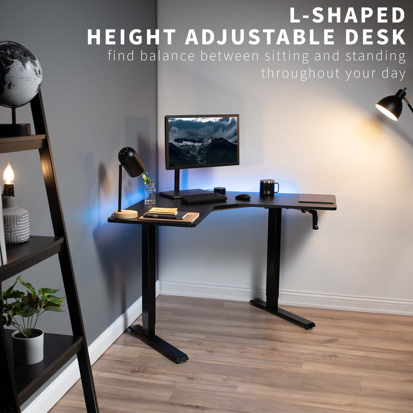 Heavy-duty manual hand crank adjustable height corner desk workstation for active sit or stand efficient workspace.